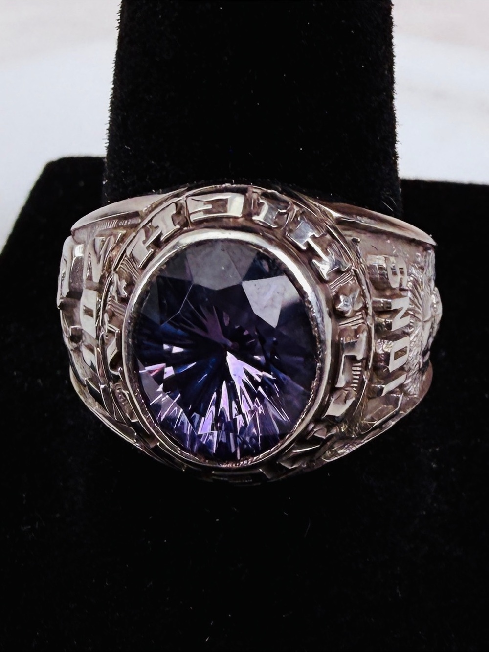 Vintage Purple Faceted Stone Silver Tone Class Ring Statement Size 8